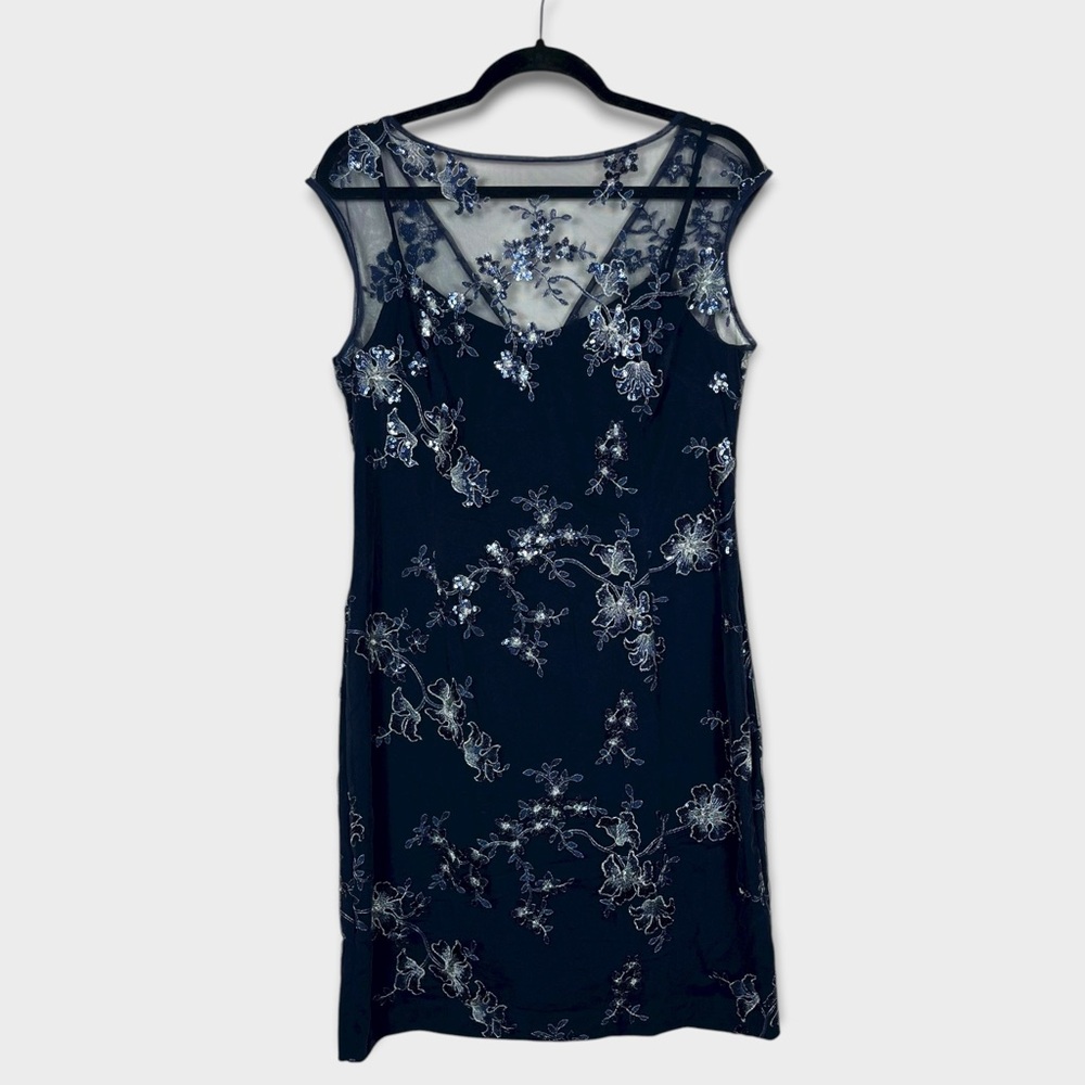 Lauren Ralph Lauren Sequins Floral Embroidered Sheer Dress 14 Midi Glam Metallic
